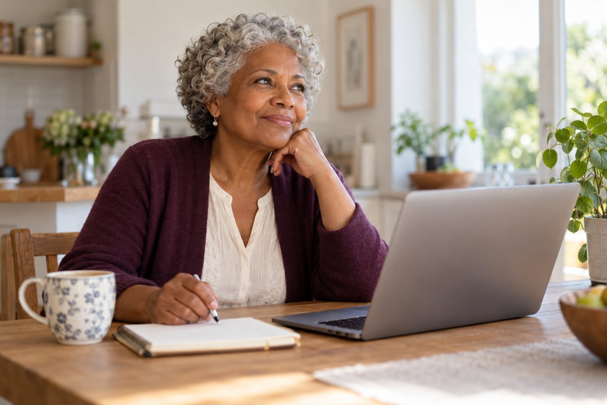 AI illustration of a silver-haired woman considering what to write in her dating profile