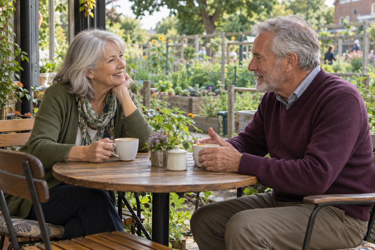 AI illustration of a mature woman and man talking over coffee at a garden cafe